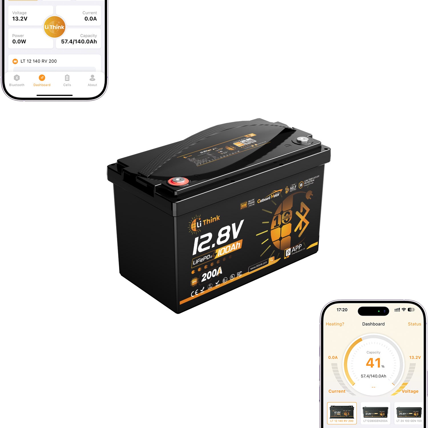 LiThink 12V 100Ah OBM LiFePO4 Battery with 200A BMS, Bluetooth & Self-Heating — for Outboard Motors