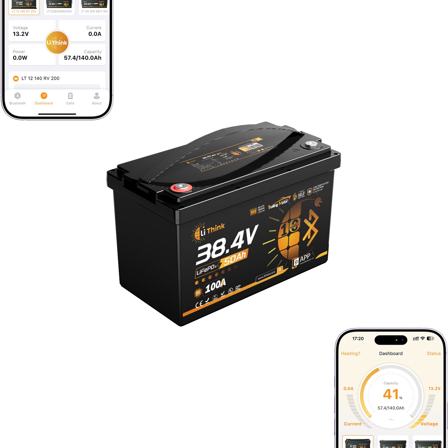 LiThink 36V 50Ah Trolling Motor LiFePO4 Battery with 100A BMS, Bluetooth & Self-Heating