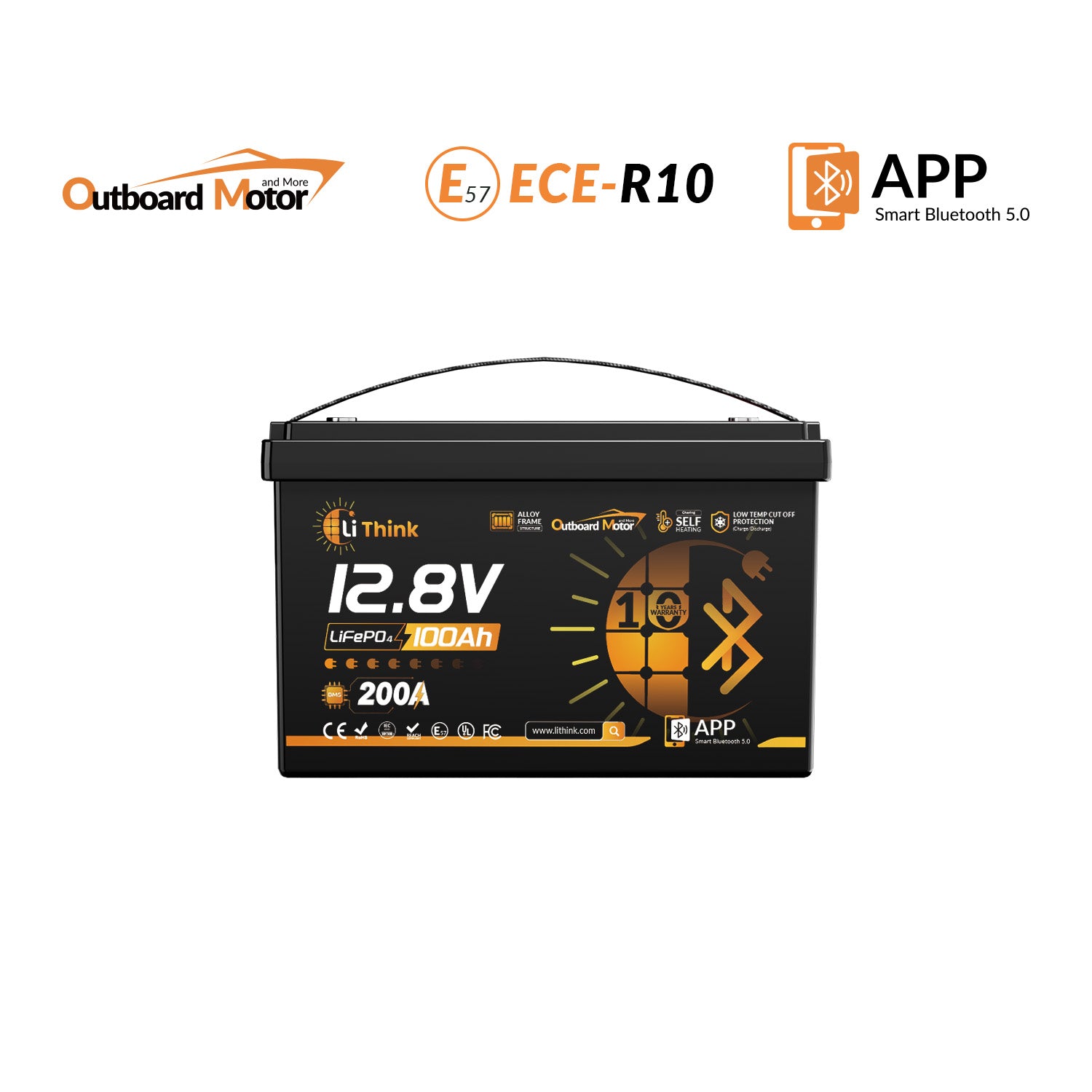 LiThink 12V 100Ah OBM LiFePO4 Battery with 200A BMS, Bluetooth & Self-Heating — for Outboard Motors