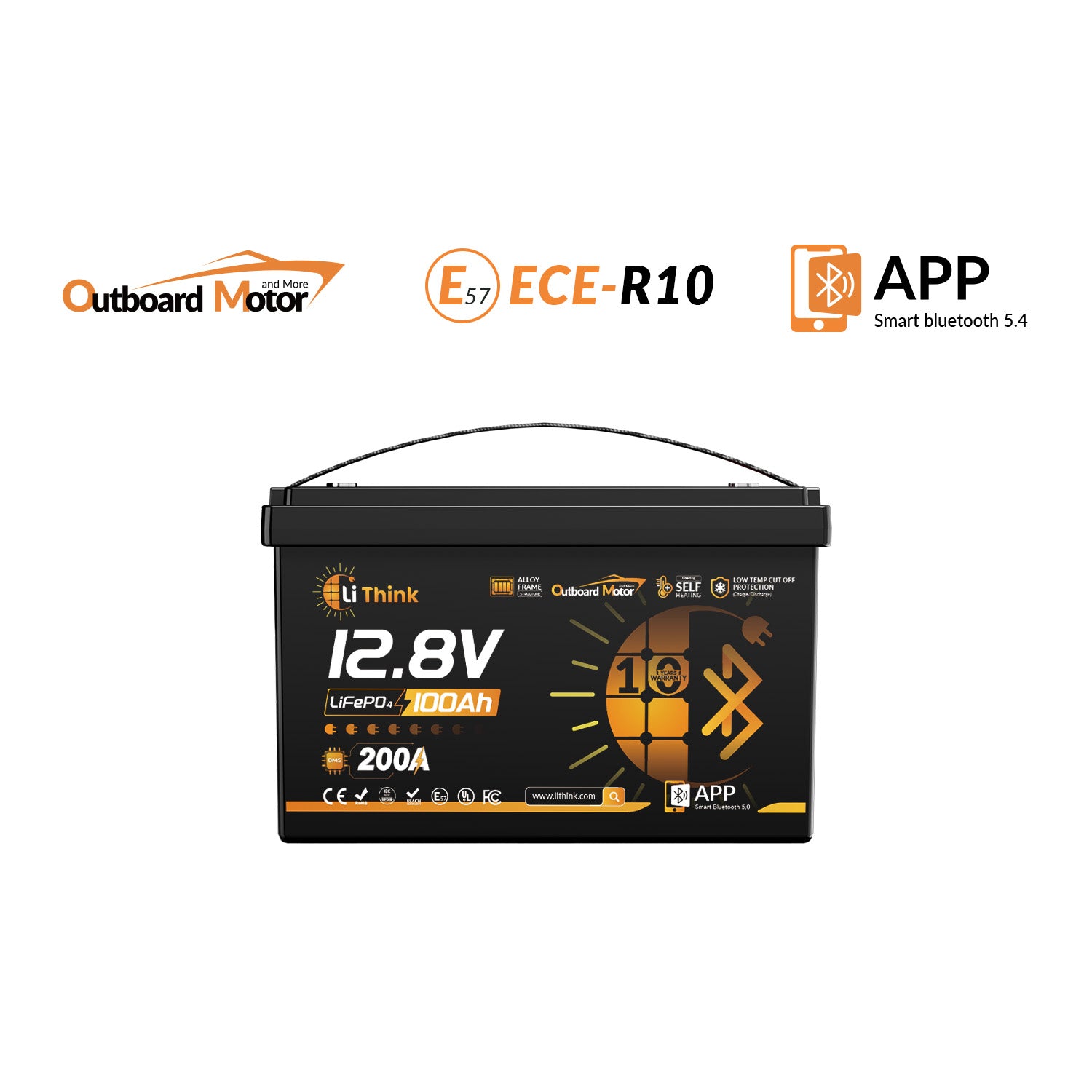 LiThink 12V 100Ah OBM LiFePO4 Battery with 200A BMS, Bluetooth & Self-Heating — for Outboard Motors