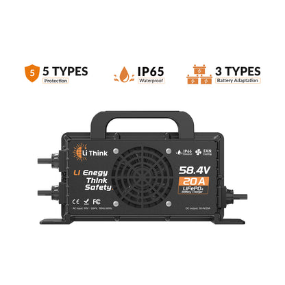 LiThink 58.4V 20A Waterproof Fan-Cooled LiFePO4 Battery Charger for 48V Lithium Batteries