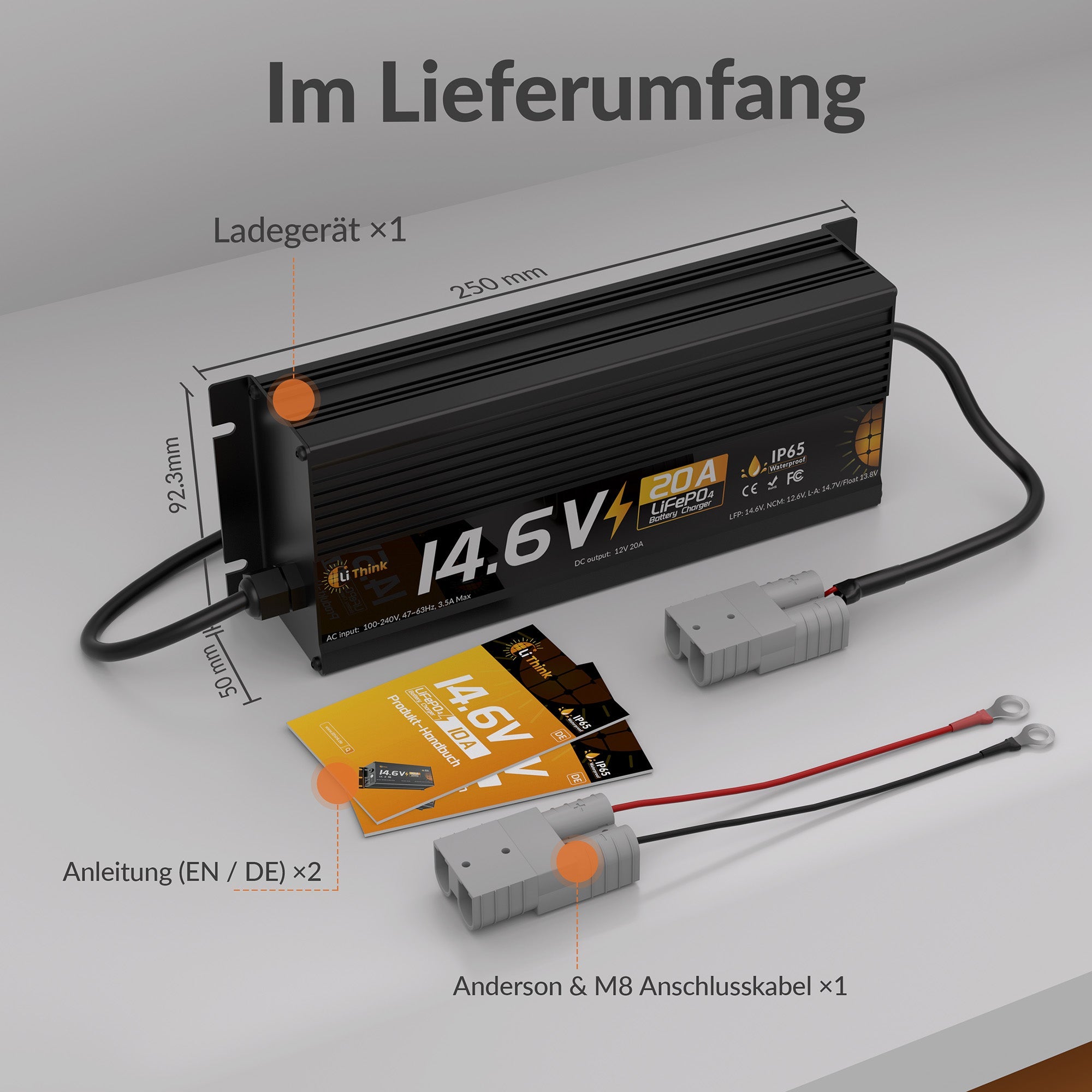 LiThink 14.6V 20A Waterproof Fast Battery Charger — for LiFePO4, NCM & Lead-Acid Batteries