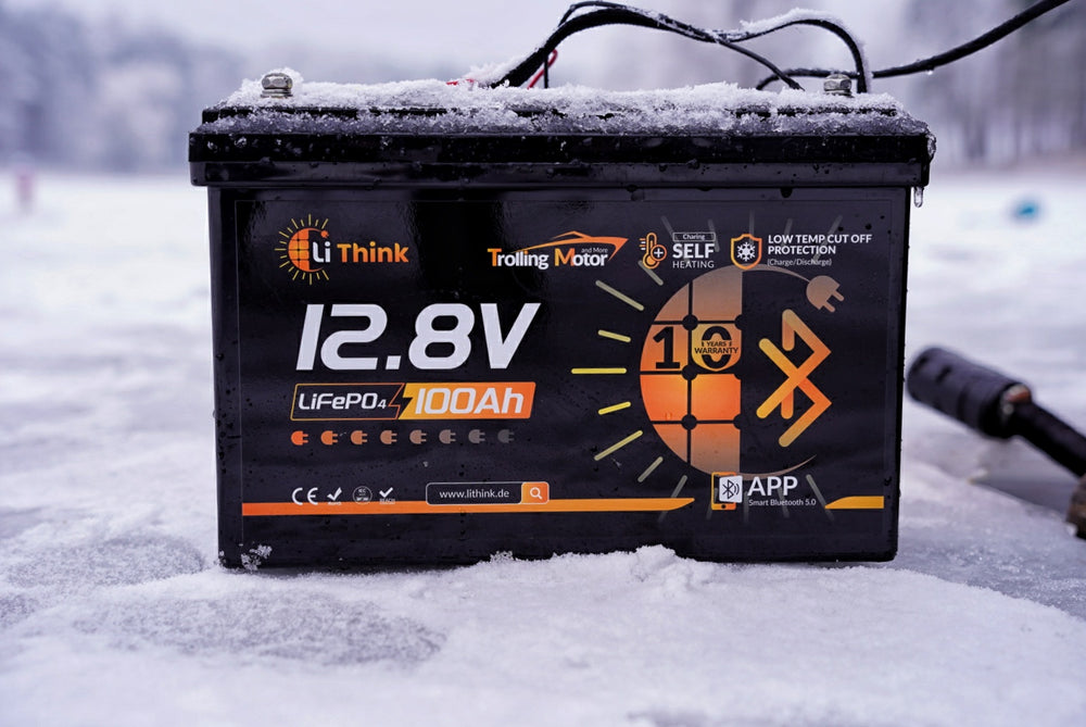 LiThink 12.8 V 100 Ah battery in the snow while ice fishing