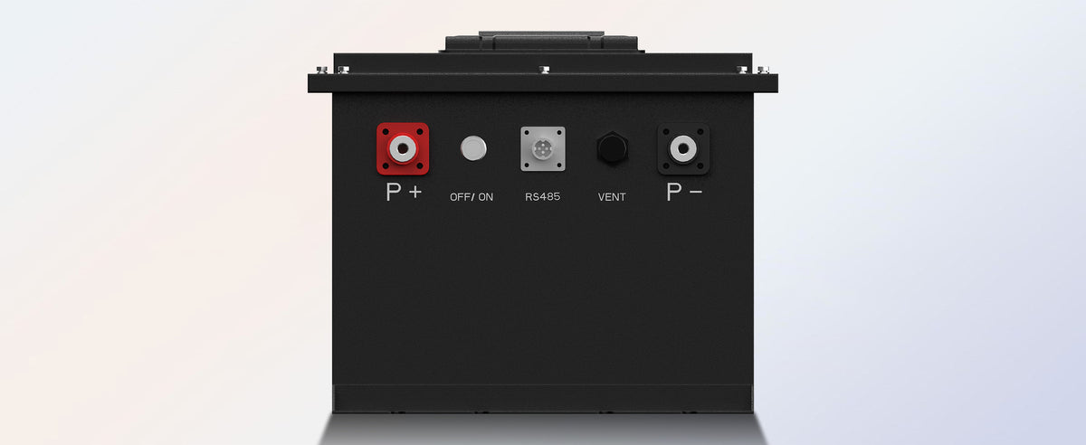 LiThink 48V 105Ah golf cart battery showing its OFF/ON switch, RS485 monitor port and pressure-equalizing vent.