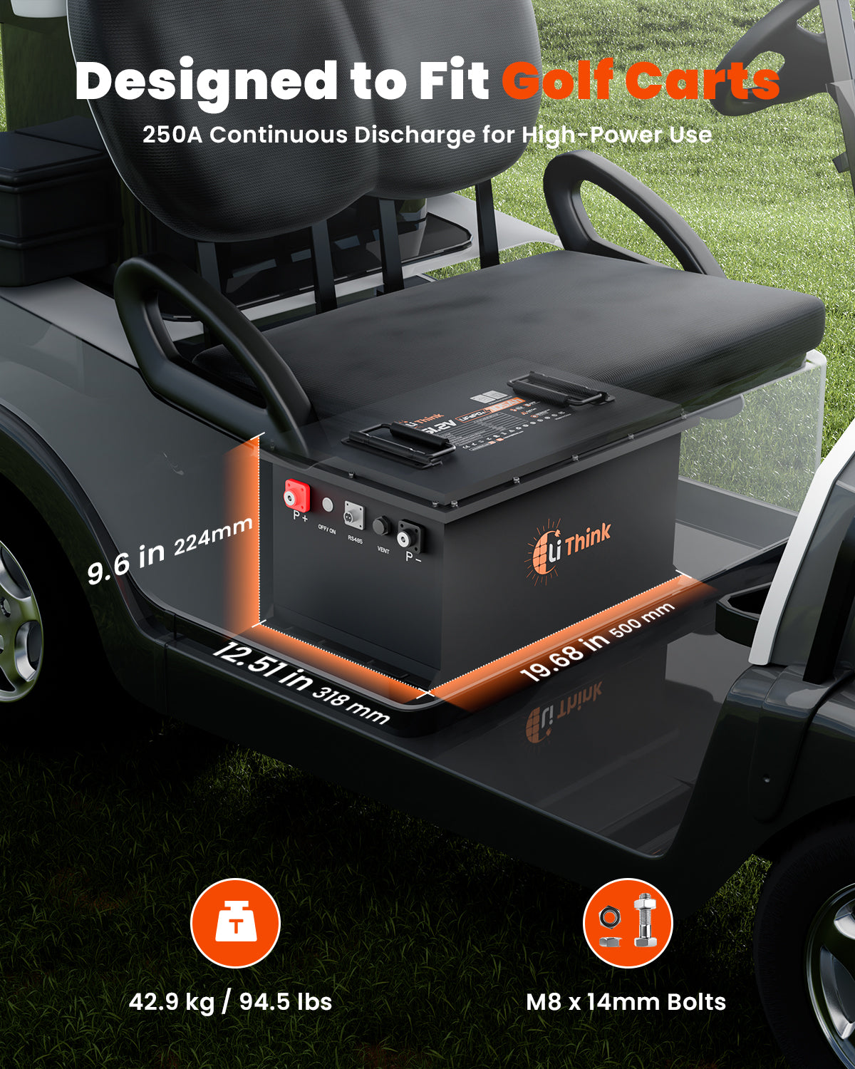 LiThink 48V 105Ah golf cart battery installation dimensions and 250A continuous discharge
