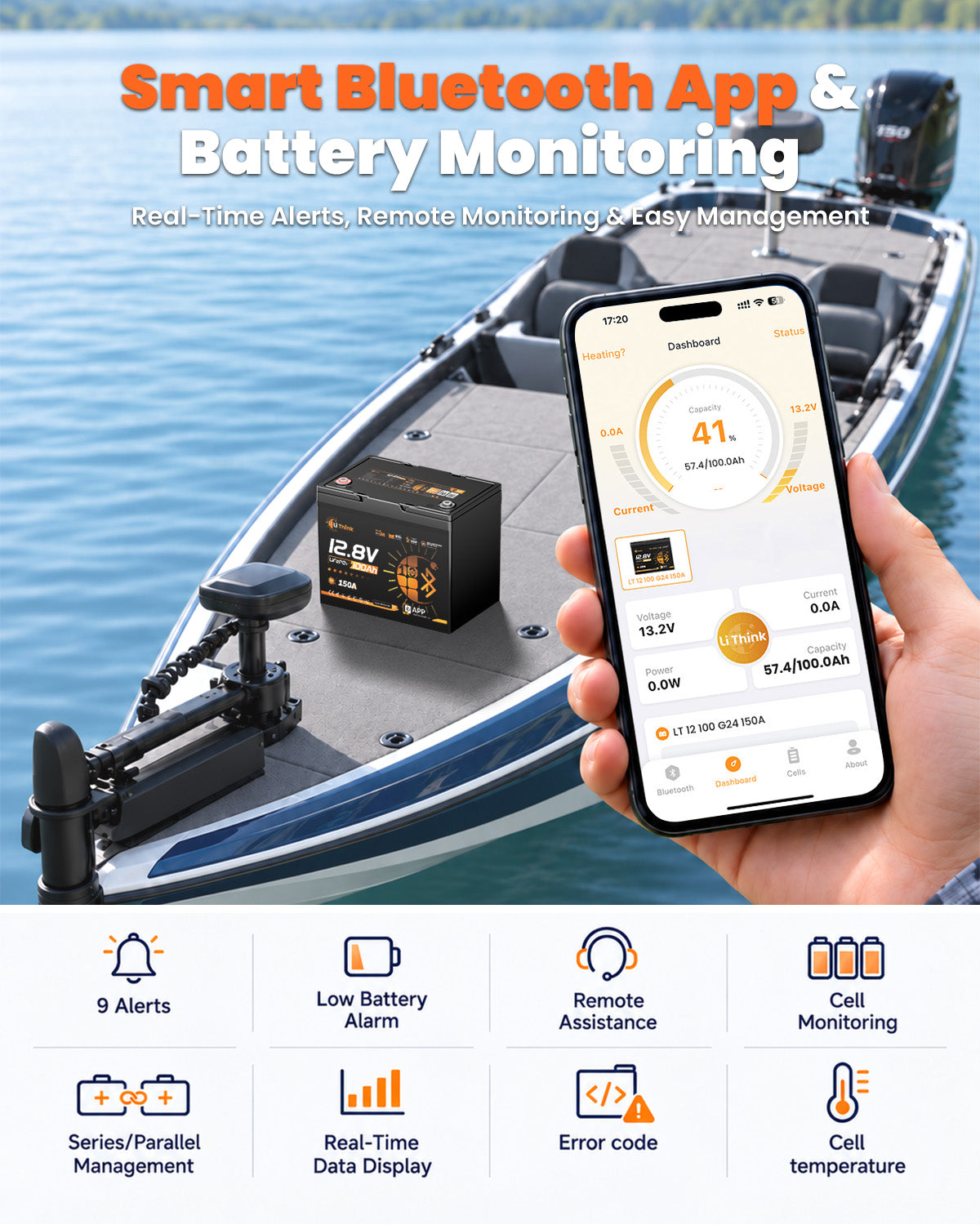 LiThink 12V 100Ah Group 24 battery Bluetooth monitoring with 9 alerts